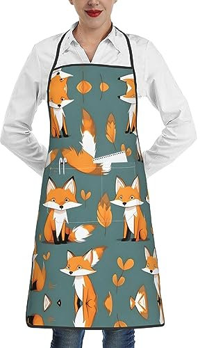 WHJYCC Gelber Fuchs Schürze Herren Damen Küche Verstellbar mit Taschenschürze Koch Restaurant Grill Wasserdicht Schwarz, weiß, One size
