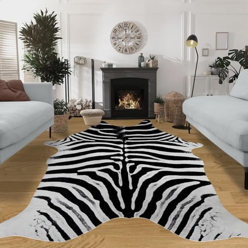 Zebra-Teppich, groß, 3 x 2,4 m, Zebramuster, Kuhfell-Teppich, Kuhmuster, rutschfester Bereich für Schlafzimmer, Wohnzimmer, Esszimmer