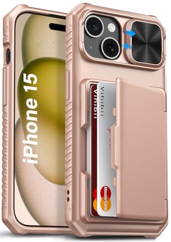 Vihibii for iPhone 15 / iPhone 14 / iPhone 13 Case Wallet, Rose Gold | Slide Camera Cover, Military Grade Drop Protection, Rugged Back & Silicone Edge Phone Case, 6.1 2023