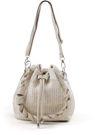 AdiStylinno Straw Beach Bag for Women, Weave Drawstring Bucket Bag Crossbody Bags with Detachable Shoulder Strap Delicate Straw Handbag Shoulder Bags for Holiday Beach (Khaki)