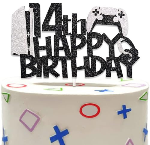 DazzJoy Glitter Gamer Tortendeko 14, Gaming Kuchen Deko für Jungs und Mädchen, Videospiel Torten Deko, Cake Topper 14. Geburtstag, Schwarz-Weiß (Black-White)