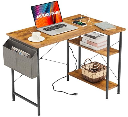 Mericonia Small L Shaped Desk with Power Outlets,100 cm L Computer Corner Desk with Reversible Shelves, Gaming Desks, Study Writing Table for Home Office, Brown