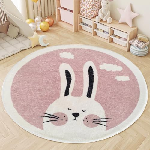 AIMECO Rund Kinderteppich 120cm - Rosa Kaninchen Motiv, Weicher Kaschmir-Look, rutschfest & Pflegeleicht - Spielteppich für Mädchen Schlafzimmer, Kinderzimmer & Wohnzimmer Deko