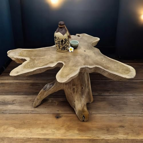 Kinaree Beistelltisch mit Baumscheibe ALOR Setar - 70-80cm Beistelltisch aus massivem Teak in rustikaler Optik, die Tischplatte wurde aus einem Teak-Baum Querschnitt gefertigt (50 x 70-80 cm)