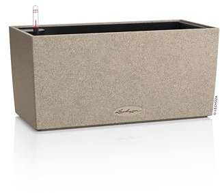 Lechuza - Macetero Balconera Stone 40 Beige Arena, Jardinera con Sistema de riego, indicador de Nivel de Agua e Inserto, Aspecto de Piedra, 40 x 19 x 19 cm, 15432