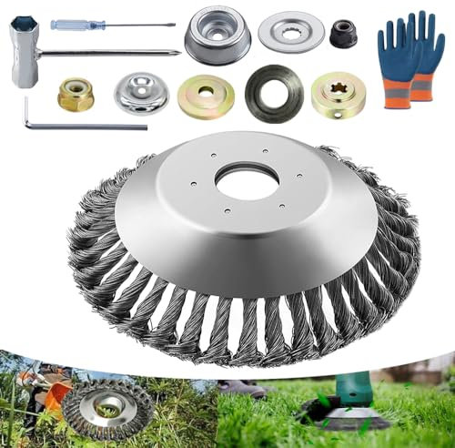 Profi Unkrautbürste Freischneider mit 25,4mm Bohrung,Drahtbürste für Freischneider,Wildkrautbürste,Stahlbürste für Rasenmäher,Stahlbürste für Die Motorsense,Unkrautbürste für Rasentrimmer(8Zoll)