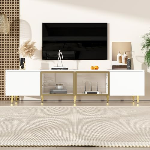 Jaxenor 170cm TV Schrank mit 4 Türen (2 Glastüren), TV Board mit Stauraum, Fernseher Schrank für Wohnzimmer, Steh- und Wandmontage Fernsehschrank, Vielseitig Montierbar, Weiß