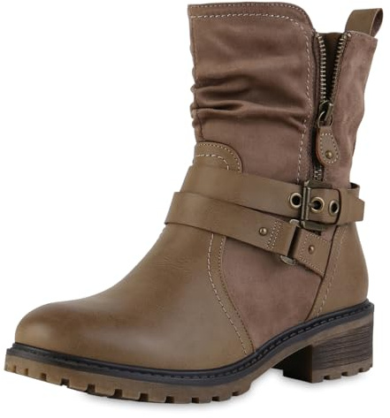 VAN HILL Damen Biker Boots Blockabsatz Schnallen Trendy Schuhe 217564 Khaki 38