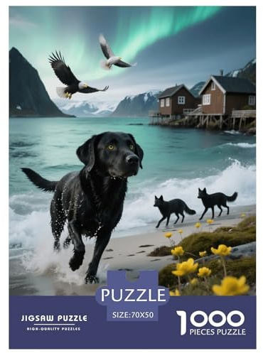1000 Piece Labrador Jigsaw Puzzles for Adults Kids Challenge Toy Family-Friendly Brain Teaser Decoration Black Dog Seaside Village Jigsaws Unique Gift 70x50cm/1000pcs