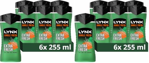 Lynx Jungle Fresh 3-in-1 Body Wash Hair, Face and Body Cleanser shower gel with a palm leaf & amber scent for men 6x 225 ml (Pack of 2)