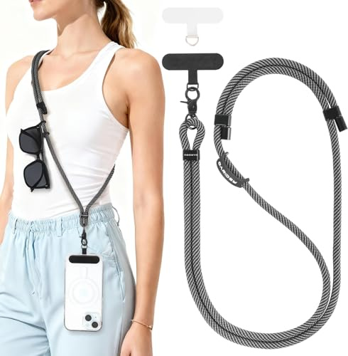 Oaridey Verstellbare Anti-Diebstahl Handykette Universal mit 2 Handy Lanyard Patches. Handyband zum Umhängen mit robustem Haken für Kopfhörer, Schlüssel, Brillen. Passt zu den meisten Handys. Schwarz