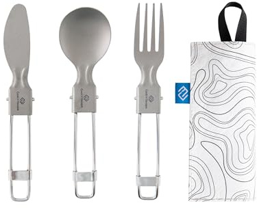 COOK'N'ESCAPE Titan Campingbesteck, 3-teiliges ultraleichtes Besteck Set | Faltbares Campingbesteck mit Messer, Gabel und Löffel, mit Tragtasche, ideal für Outdoor, Camping, Wandern und Picknick