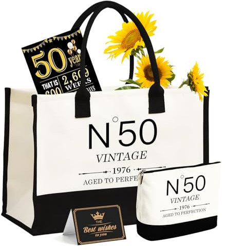 50.Geburtstagsgeschenke für Frauen Leinwand Tote Tasche Reiseausrüstung, 50 Jahre alte Geburtstagsgeschenke für Mutter Frau Freunde, Vintage N°50 Handtasche & Kosmetiktasche & Geburtstagsplakat (N°50)