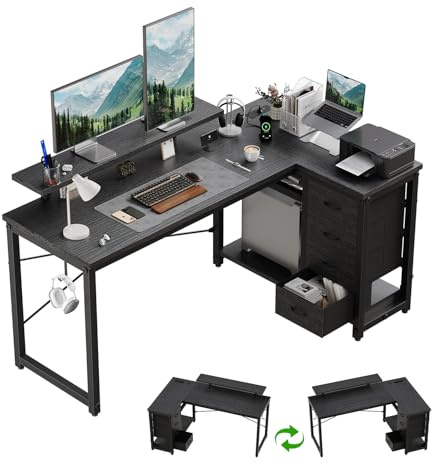 JUMMICO L Shaped Desk with 4 Drawers,140x80cm Computer Corner Desks with Power Outlets & USB Charging Port, Reversible Large Storage Shelves Office Table With Monitor stand，Black