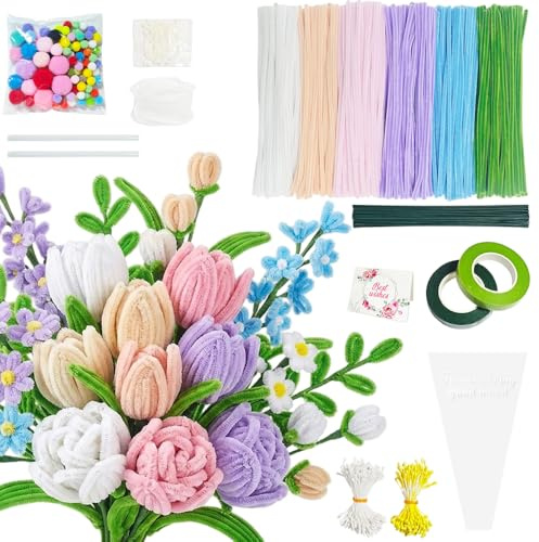 HuaMuDM 541 Stück Pfeifenreiniger Blumen Set,Kreative Blumensträuße DIY | 6 Farben Pfeifenputzer zum Basteln für DIY,Pfeifenreiniger Set,Geschenke,Muttertag,Familie,Freunde
