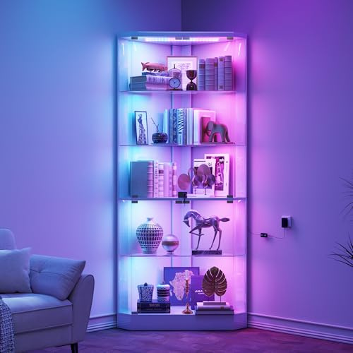 Lvifur 175cm 5-Lagen Eckvitrine mit Menschlicher Sensor & Glastüren,Weiß | Glasvitrine mit LED Beleuchtung für Sammlervitrine und Wohnzimmer