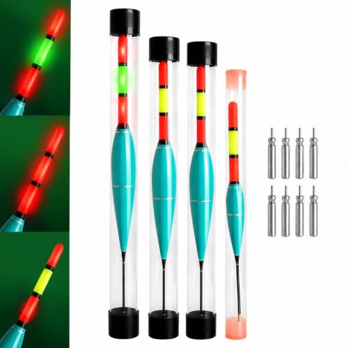 4 Stück LED Angelposen Set mit Bissanzeiger & 8 Stück CR425 Batterie | Farbwechsel LED Posen Set , Hohe Sichtbarkeit Beim Nachtangeln, 6g/8g/10g/12g Schwimmer Angeln Set für Meer Süßwasser Teiche