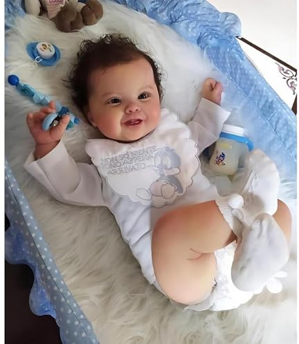20 Zoll 50CM Lebensechte Echte Babygröße Verwurzeltes Haar Süßes Lächeln Wiedergeborene Babypuppen Silikon Vinyl Realistisch Aussehende Babypuppe, Lebensechte Neugeborenen-Puppe mit Dunklen Haaren