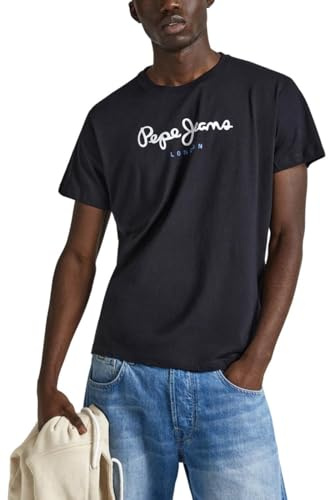 Pepe Jeans Eggo N Camiseta, Camiseta Negra Con Letras Azules, XS Hombre