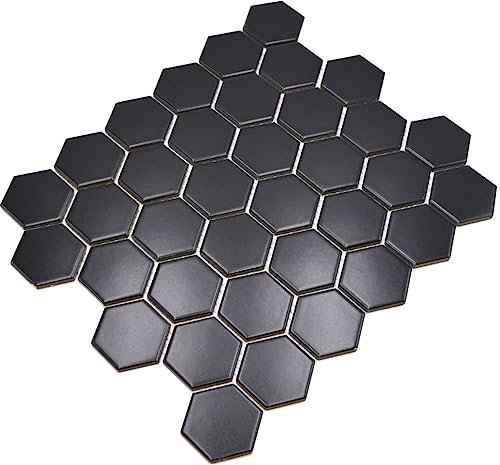 Mosaik Fliese Keramik Hexagon schwarz matt für BODEN WAND BAD WC DUSCHE KÜCHE FLIESENSPIEGEL THEKENVERKLEIDUNG BADEWANNENVERKLEIDUNG Mosaikmatte Mosaikplatte