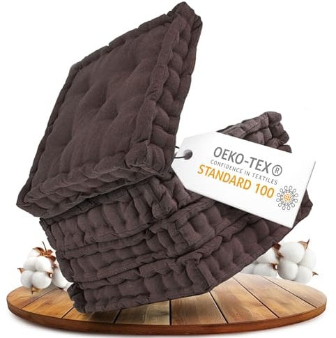 Gräfenstayn® 4er-Set Sitzkissen Stuhlkissen 40x40x8cm für Indoor und Outdoor aus 100% Baumwolle Dicke Polsterung Steppkissen/Bodenkissen (Braun)