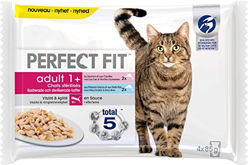 PERFECT FIT Repas pour Chat Adulte Stérilisé - 52 Sachets Fraîcheur (Lot de 13 Packs de 4x85g) - Pâtée pour Chat en Sauce au Saumon / aux Poissons blancs - Nourriture Complète & Equilibrée