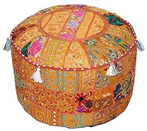 Aakriti Gallery Indischer Sitzpuff, ethnisch, bestickt, indische Baumwolle, rund, Ottomane, Polsterkissen, ethnische Dekoration, Kunst, nur Bezug (Orange, 56 x 36 cm)