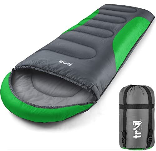 Trail-Alpin-Schlafsack mit Kapuze – 250 g Schlafsack, 3-Jahreszeiten- Schlafsack. Leicht, kleines Packmaß – mit Kapuze und Kompressionssack (Grün)