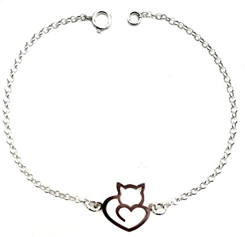 Masbarata.es - Bracciale in filo con gatto-cuore in argento sterling 925/1000, Argento sterling