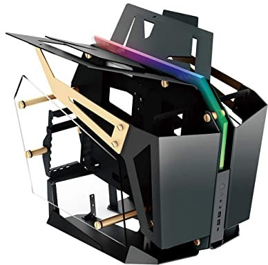FSP Open Frame Gaming Streaming Case EATX/ATX/Mini- ITX, Dual-System, with 2 Tempered Glass Panels, Aluminum Case, ARGB Center Light Bar (CMT710 T-Wings Gold)