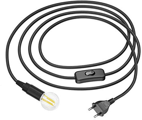 ledscom.de Textilkabel LEHA mit Stecker und Schalter schwarz 3 m inkl. E14 LED Lampe W, 542lm 3-Stufen-dimmbar, warmweiß