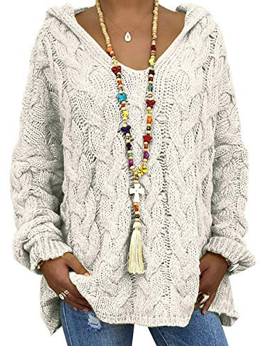 Oversized Cable Knit V-Neck Jumper - Women's Long, Baggy, Fluffy, Hooded Pullover Sweater - 3XL Beige
