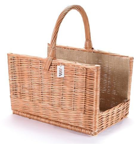 Wiklinowy Świat Holzkorb für Kaminholz Kaminkorb mit Jute Holztragekorb Kaminholzkorb Weidenkorb für Holz Groß Brennholzkorb aus Weide Feuerholzkorb mit Henkel - 50x35x50cm mit Juteanlage