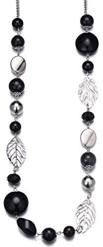 Bulinlin Damen Lange Perlenkette Statement Boho Silber Metallkette Hochzeitstag Modeschmuck Geschenke Pullover Halskette für Frauen(24-Black)