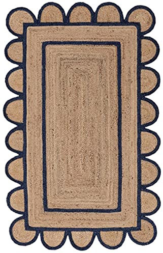 Teppich, natürliche Jute, Kreis-Design, schwarzer Rand, rechteckig, handgeflochten, 90 x 300 cm