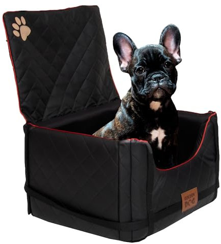 Golden Dog - Transportbox Hund mit Sicherheitsgurt M-52x44x33 cm - Leder Imitation Autositz Hund, Wasserdicht Hundesitz Auto - Beifahrersitz Hundebox Faltbar - Anschnallgurt Hundekorb Auto Schwarz