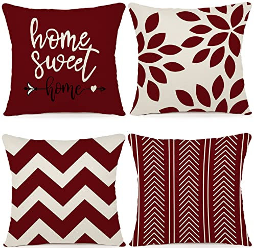 ZWJD Kissenbezug 60x60 4er Set Dekokissen kissenbezüge Dekoration Outdoor Kissenbezüge Leinen Dekokissen für Schlafzimmer, Sofa, Stuhl, Bett, Garten (60 x 60 cm,Burgunderrot)
