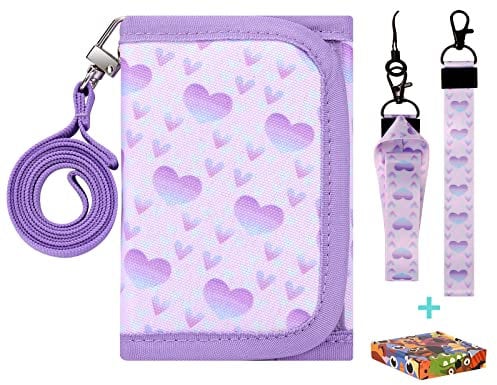 Choco Mocha Brustbeutel für Kinder, Geldbeutel für Mädchen mit Münzfach - Kinder Portemonnaie, Sichtfach, 3 Ersatz-Lanyard & 1 Geschenkbox(Herz-Lila)