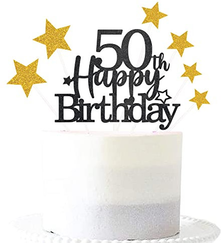 Glittery Black Gold 50th Happy Birthday Cake Topper with Star,50 Birthday Cake Toppers Party Decorations Party Supplies for Men Women