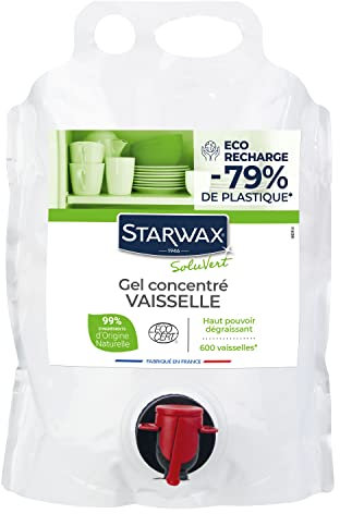 STARWAX SOLUVERT - Gel Vaisselle Concentré - Dégraisse, Décolle les Salissures - Format Eco-Recharge - 100 Vaisselles - 99,9% Ingrédients Naturels - - Fabriqué en France - 3L