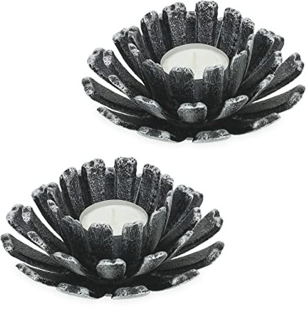 Relaxdays Teelichthalter, 2er Set, Blumenform, Teelichtständer Gusseisen, drinnen & draußen, HxD: 6 x 13,5 cm, Silber