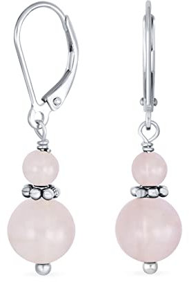 Gemstone Natural Pale Pink Rose Quartz Boho Bali Milgrain Beaded Rondel Separator Double Ball Round Drop Dangle Earrings For Women Teen .925 Sterling Silver Lever Back