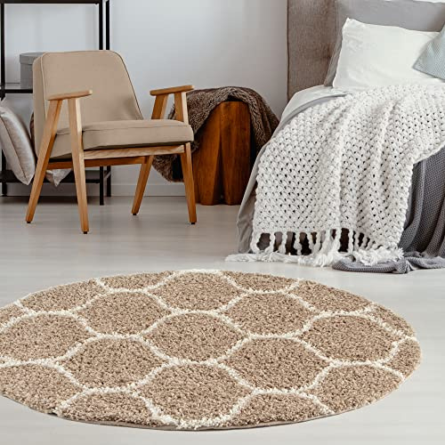 THE RUGS Shaggy Rug – Modern Moroccan Design Rugs for Living Room, Bedroom, Hallway, 3 cm Thick Area Rugs, (Trellis Beige/Ivory, 120cm Round)