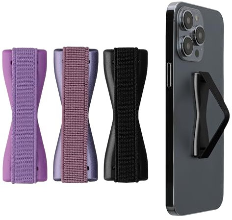 kwmobile Finger Holders For Smartphones - Set of 3 Self Adhesive Elasticated Finger Holder Straps for Phones - Black/Metallic Berry/Lavender