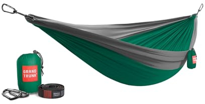 GRAND TRUNK Double Deluxe Parachute Nylon Hammock - 500lb Capacity Camping Hammock, 10.5x6.5ft, Lightweight & Durable (Green/Charcoal)