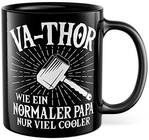 Vater Tasse Vatertag Geschenk Va-Thor Kaffeetasse Thor Geschenkidee Wikinger Kaffee-Becher für Papas Väter Vathor Sohn Tochter Comic-Fan Vatertagsgeschenk Papa (Schwarz)