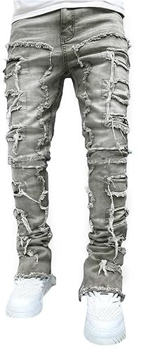 Geagodelia Jeans da Uomo Strappati Slim Fit Pantaloni in Denim Casual Hip-Hop per Uomo Ragazzo S-XXL Regalo (Grigio, S)