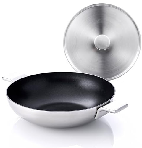 MasterPro Alessi Bones - Juego de Wok con Tapa de 28 cm - Fabricado en Acero Inoxidable - Interior Antiadherente En Color Negro - Mango De Acero Inoxidable - Punto Induccion