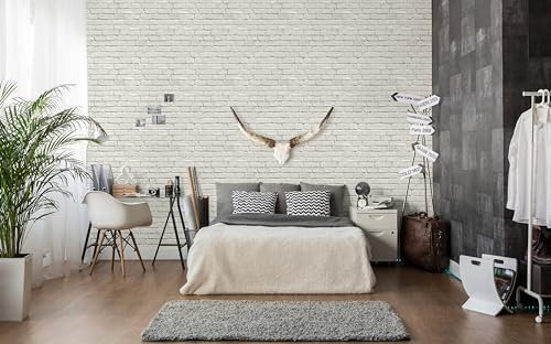 BUVU Papier peint en vinyle, 0,53 x 10 m, mur de briques grises et blanches