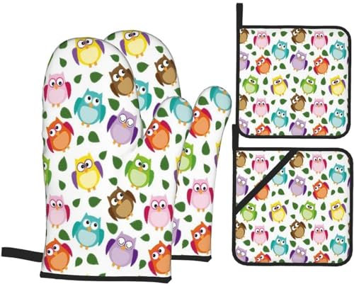 Gant Et Manique 4 Pièces Modèle De Hibou avec des Feuilles Fermées, Yeux Croisés, Humour Drôle, Bande Dessinée Artistique Coton Doublure Gants De Four Ensemble De Cuisine avec, pour Patisserie